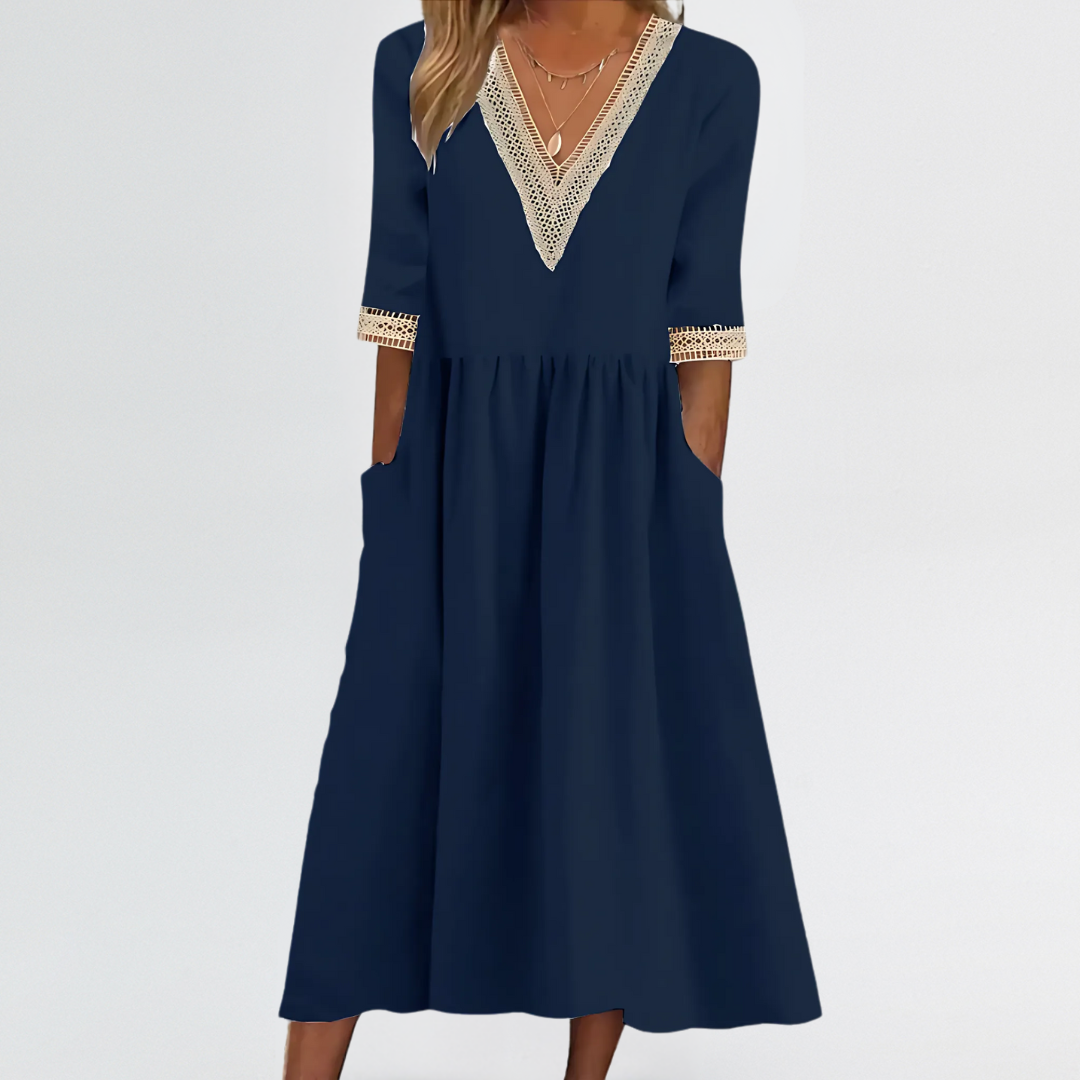 Clarissa | Lace Trim V-Neck Dress with Arm & Tummy Friendly Fit