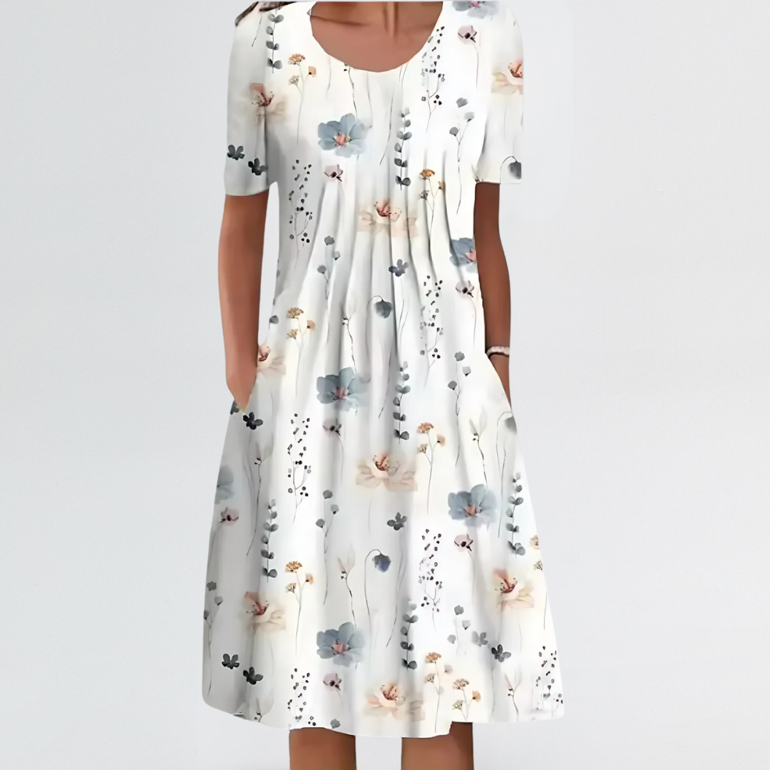 Evelyn | Light Floral Midi Comfort Dress with Tummy-Covering Pleats