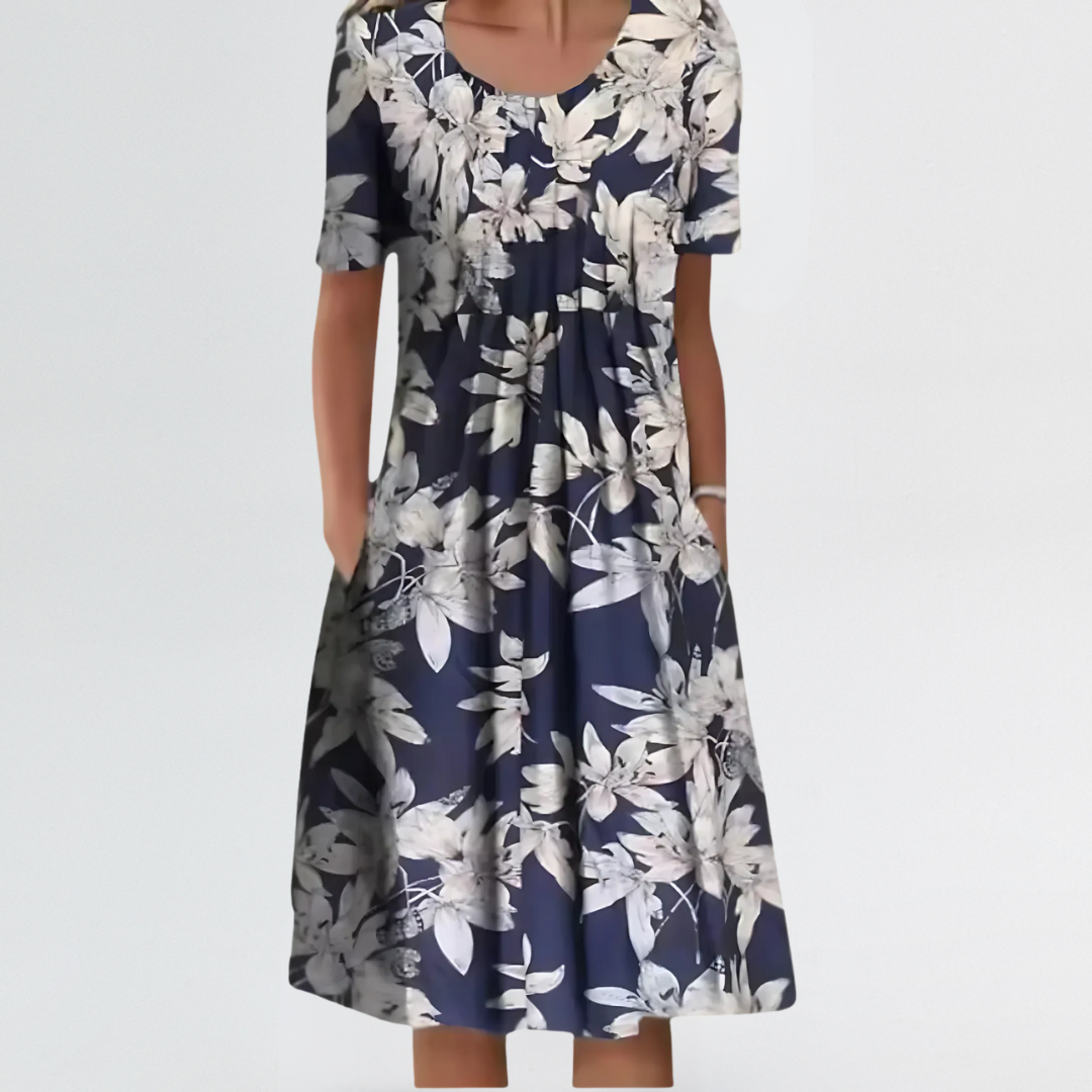 Evelyn | Light Floral Midi Comfort Dress with Tummy-Covering Pleats