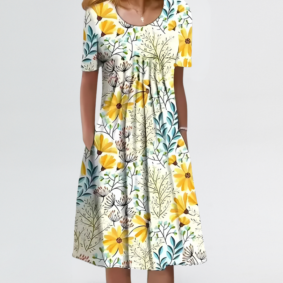 Evelyn | Light Floral Midi Comfort Dress with Tummy-Covering Pleats