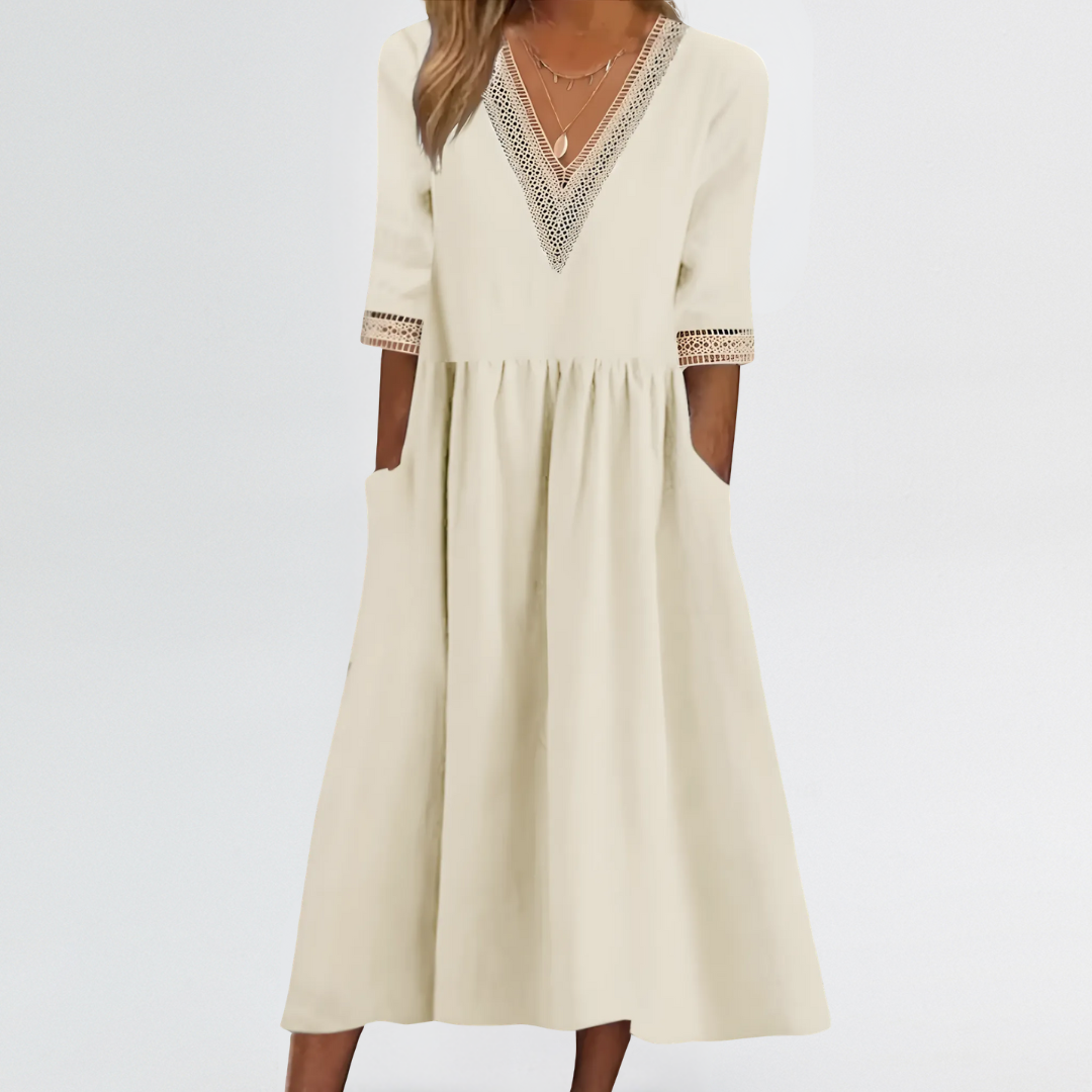 Clarissa | Lace Trim V-Neck Dress with Arm & Tummy Friendly Fit