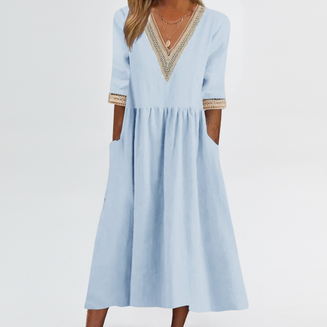 Clarissa | Lace Trim V-Neck Dress with Arm & Tummy Friendly Fit