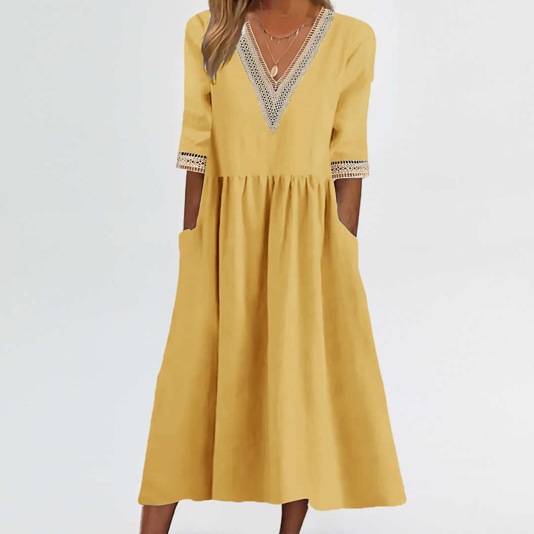 Clarissa | Lace Trim V-Neck Dress with Arm & Tummy Friendly Fit