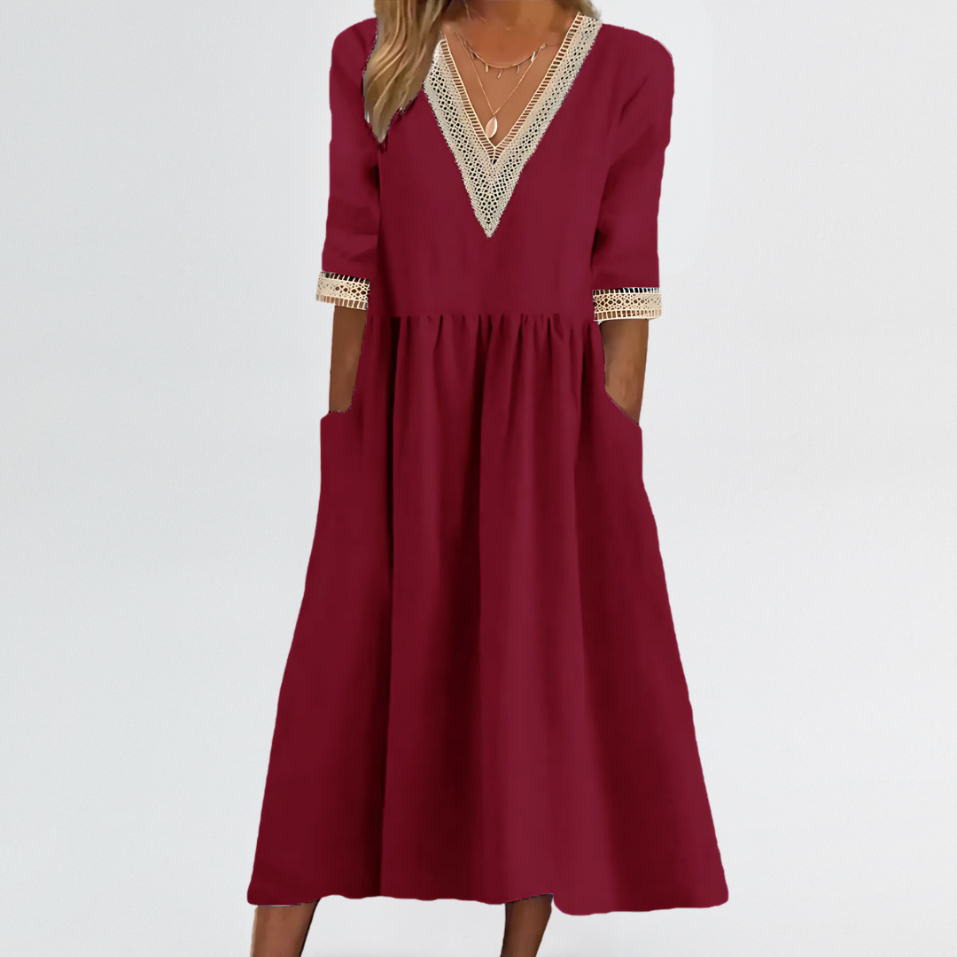 Clarissa | Lace Trim V-Neck Dress with Arm & Tummy Friendly Fit
