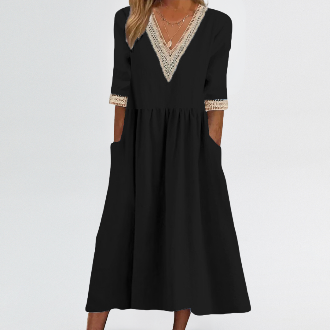 Clarissa | Lace Trim V-Neck Dress with Arm & Tummy Friendly Fit