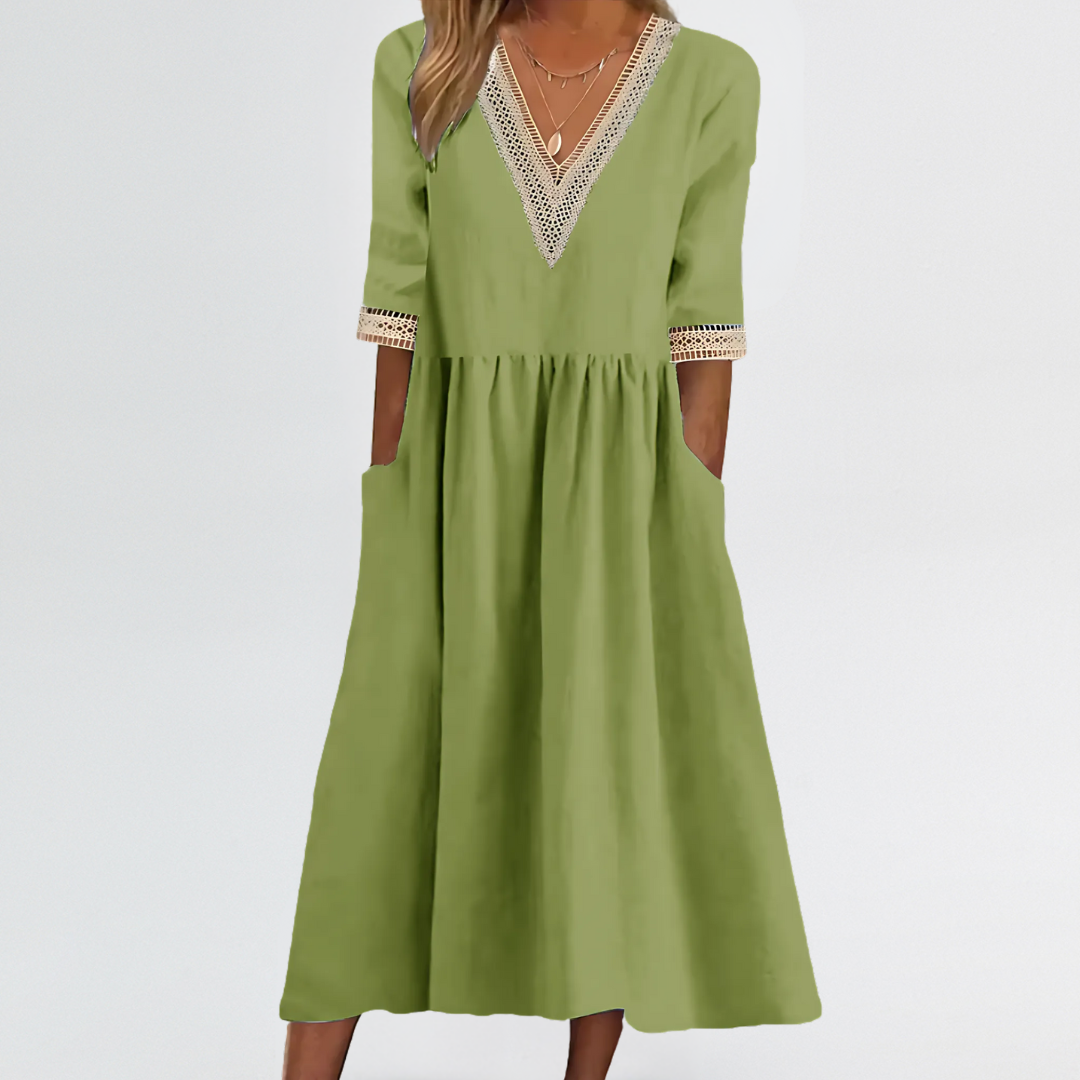 Clarissa | Lace Trim V-Neck Dress with Arm & Tummy Friendly Fit